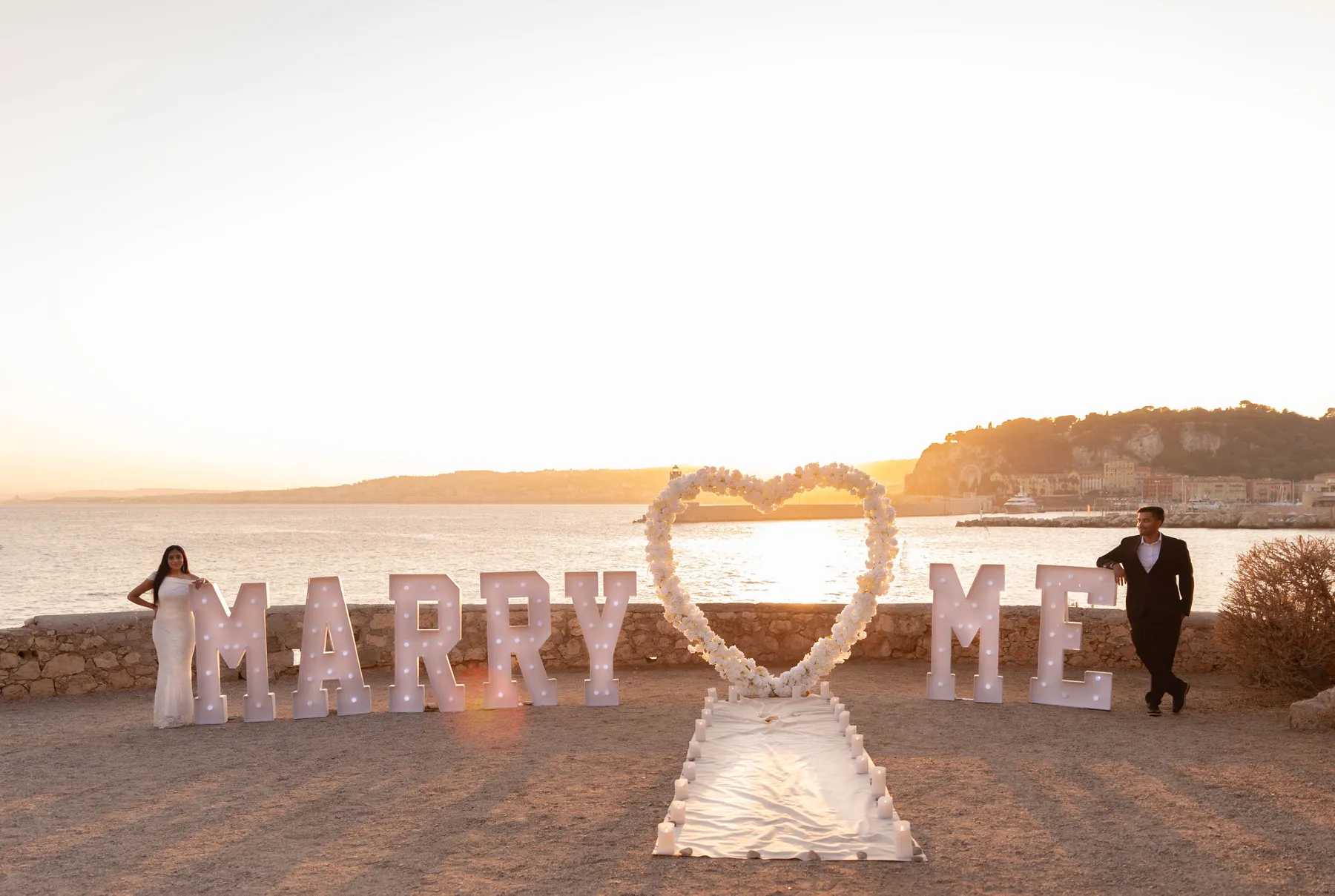 A proposal with a &ldquo;Marry Me&rdquo; setup on the French Riviera